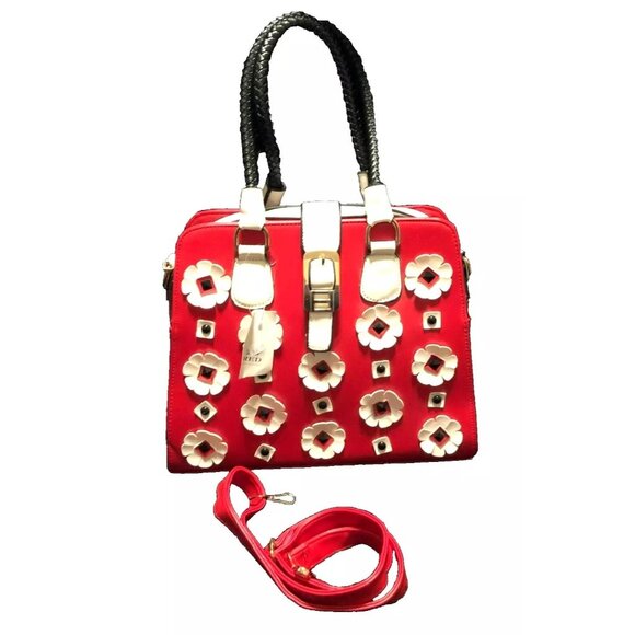 NWT RED PURSE WITH WHITE FLOWERS SATCHEL 11X13X4 VEGAN LEATHER SHOULDER STRAP - Picture 1 of 4